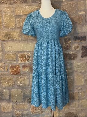 FEHRNVI Blue Floral Smocked Midi Dress Cottagecore Puff Sleeve Boho Size M